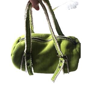 VTG 2004 Y2K Green Faux Suede Sherpa Lined Bucket Shoulder Bag Purse Preppy Prep